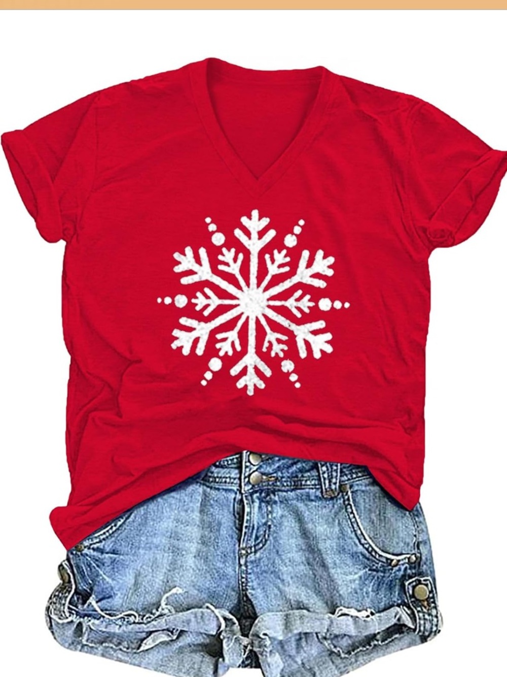 Women’s Christmas Snowflake T-shirt Red Large V-neck